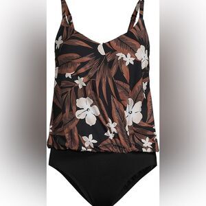 Land's End one piece swimsuit slender suit fabric fauxkini black floral palm 14